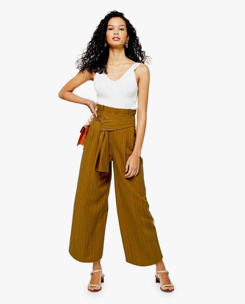 TOPSHOP - Quần kiểu nữ ống rộng Mustard Stripe Belted Crop Wide Leg
