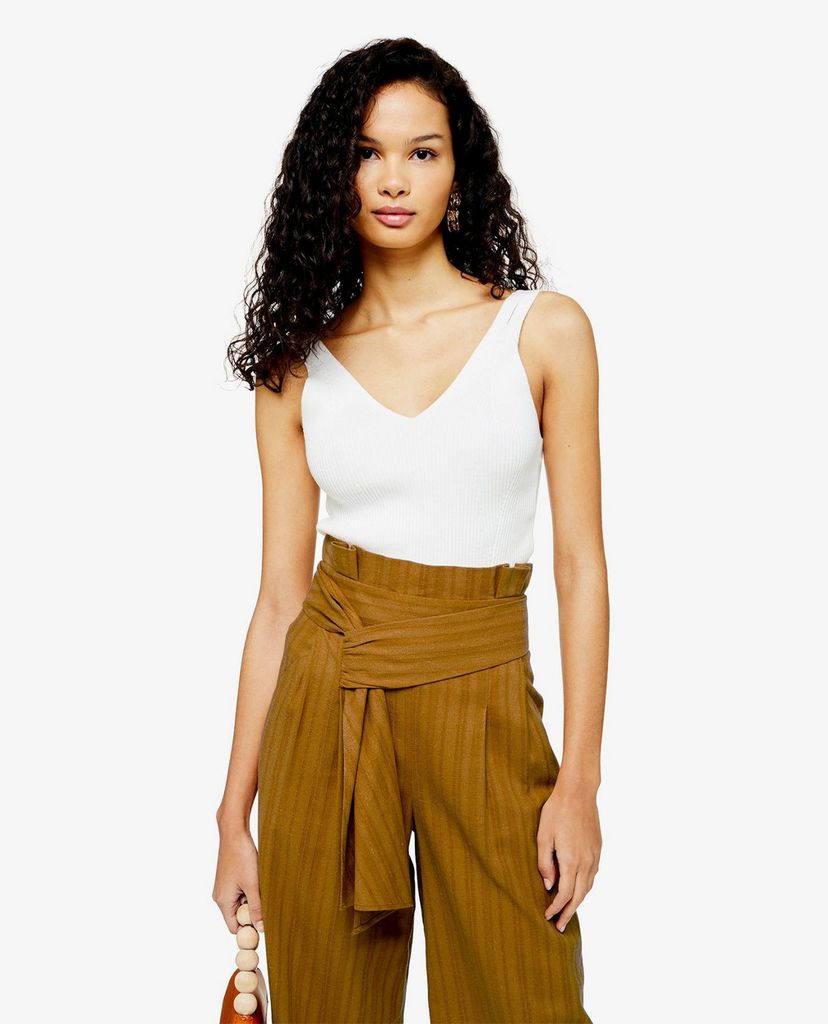 TOPSHOP - Quần kiểu nữ ống rộng Mustard Stripe Belted Crop Wide Leg