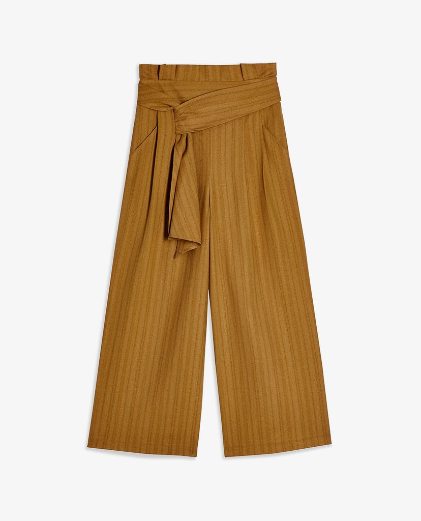 TOPSHOP - Quần kiểu nữ ống rộng Mustard Stripe Belted Crop Wide Leg