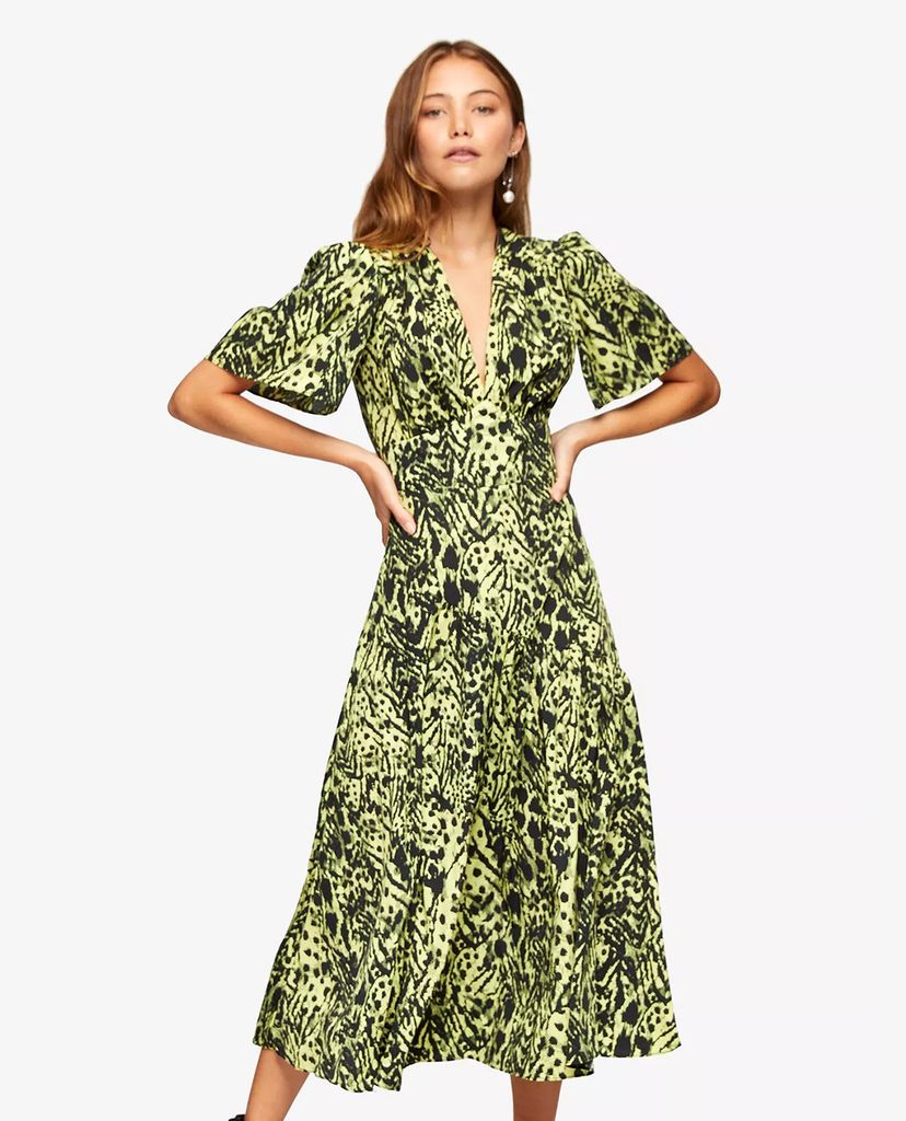 TOPSHOP - Đầm midi tay ngắn cổ V Lime Green Animal Print Angel