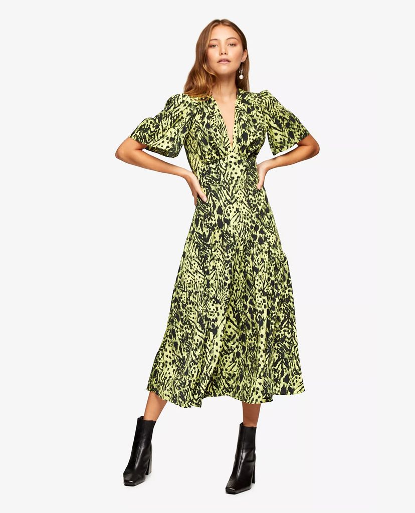 TOPSHOP - Đầm midi tay ngắn cổ V Lime Green Animal Print Angel