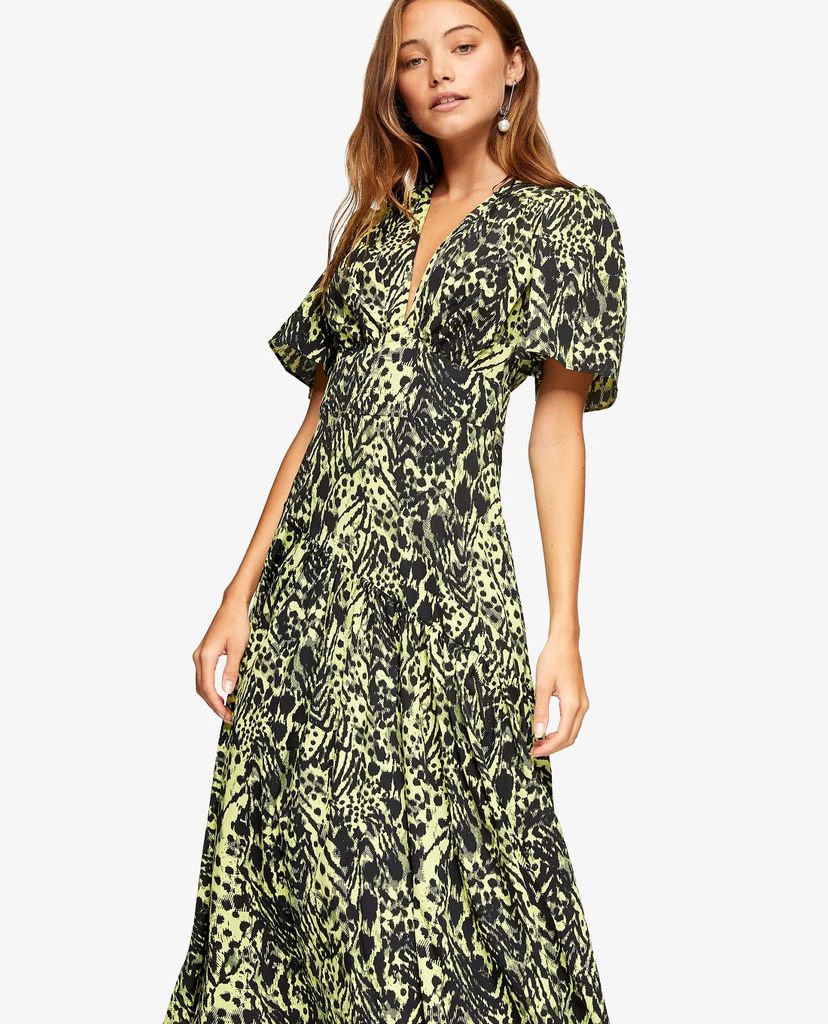 TOPSHOP - Đầm midi tay ngắn cổ V Lime Green Animal Print Angel
