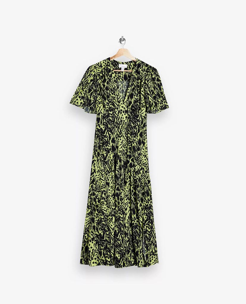 TOPSHOP - Đầm midi tay ngắn cổ V Lime Green Animal Print Angel