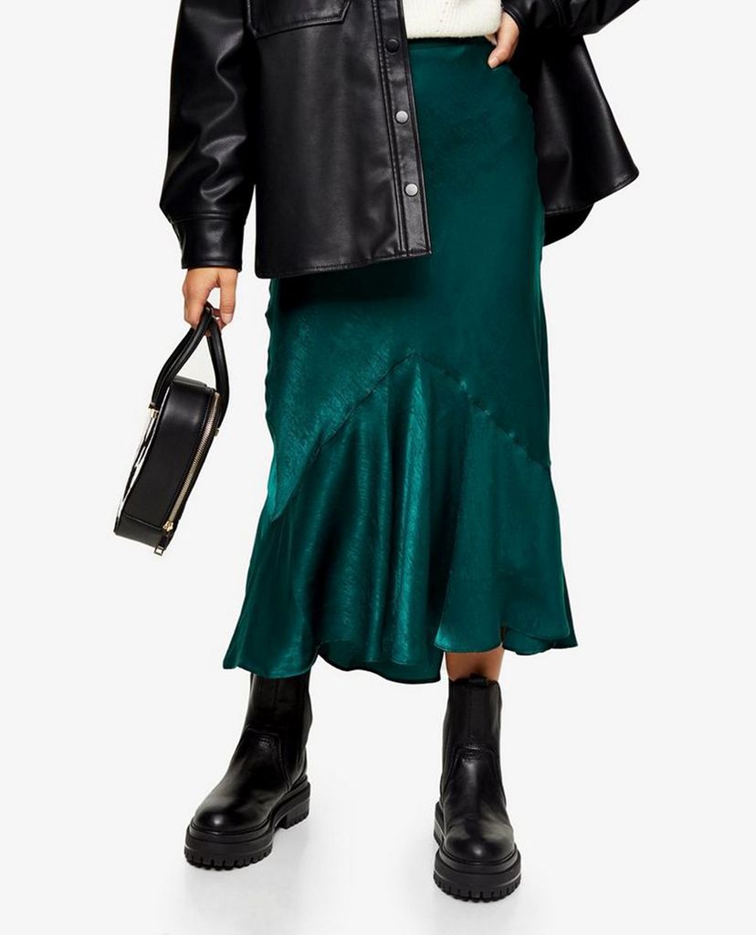 TOPSHOP - Chân váy midi PETITE Emerald Green Satin Flounce