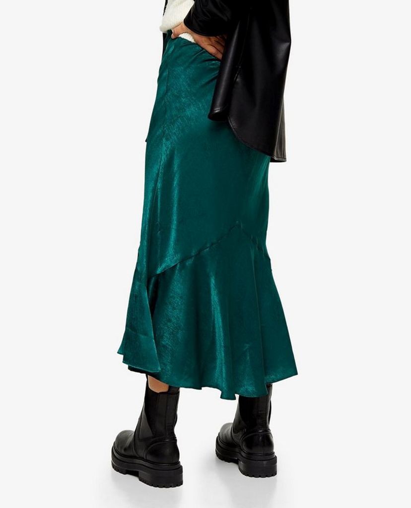 TOPSHOP - Chân váy midi PETITE Emerald Green Satin Flounce