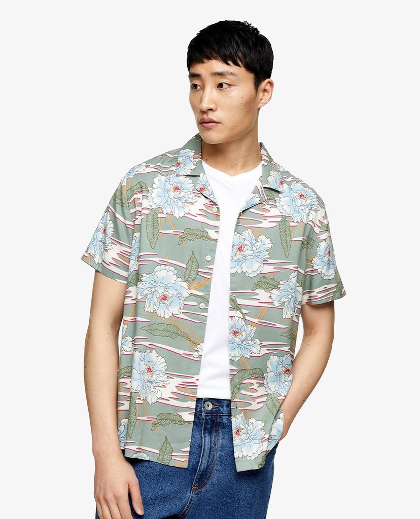 TOPMAN - Áo sơ mi nam tay ngắn cổ gập Jade Green Hawaiian Revere