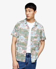 TOPMAN - Áo sơ mi nam tay ngắn cổ gập Jade Green Hawaiian Revere