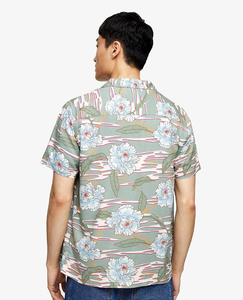 TOPMAN - Áo sơ mi nam tay ngắn cổ gập Jade Green Hawaiian Revere