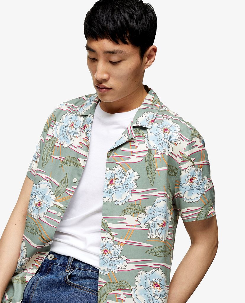 TOPMAN - Áo sơ mi nam tay ngắn cổ gập Jade Green Hawaiian Revere