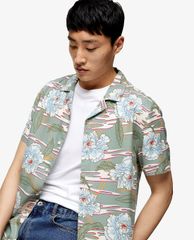 TOPMAN - Áo sơ mi nam tay ngắn cổ gập Jade Green Hawaiian Revere