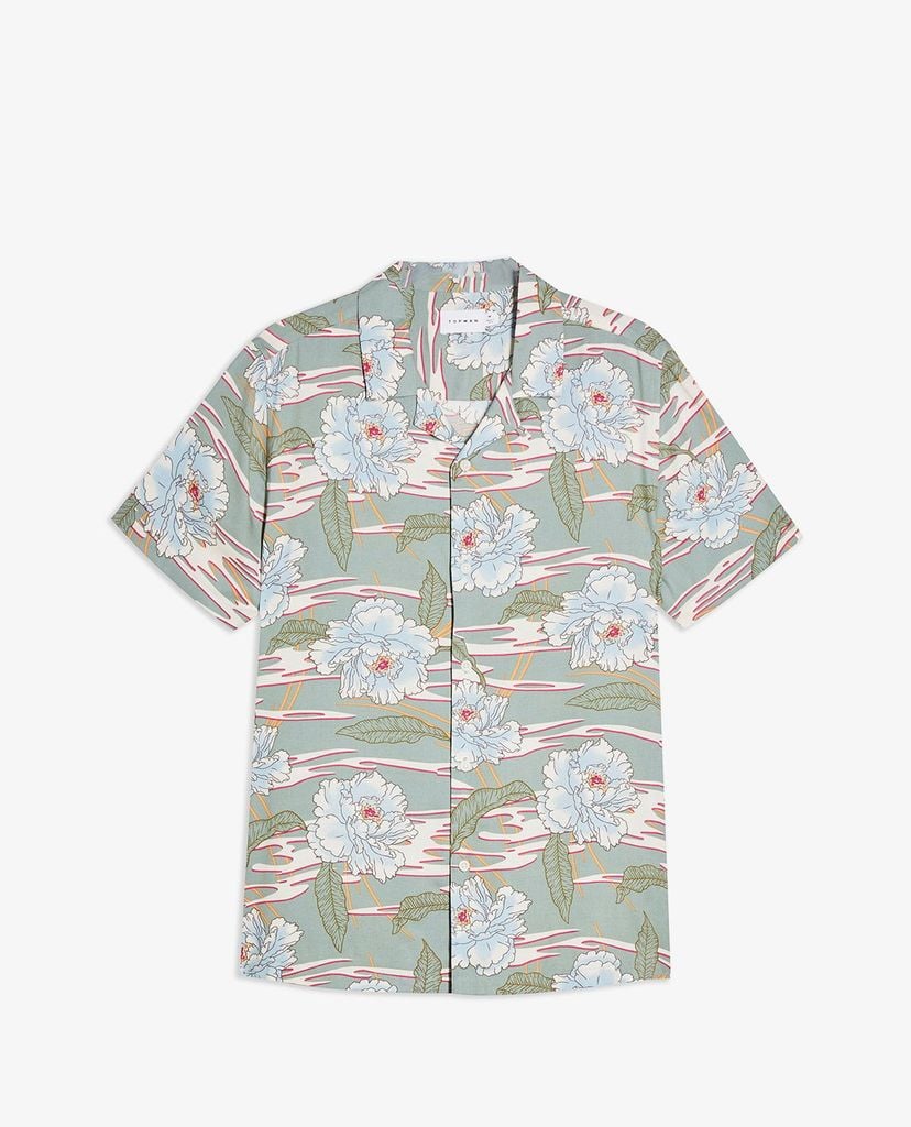 TOPMAN - Áo sơ mi nam tay ngắn cổ gập Jade Green Hawaiian Revere