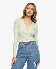 TOPSHOP - Áo cardigan nữ tay dài cổ V Sage Button Ribbed