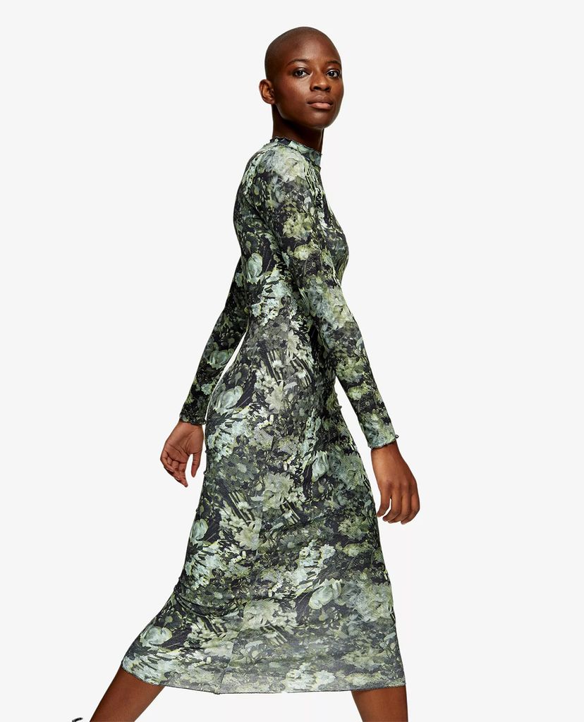 TOPSHOP - Đầm midi phom ôm tay dài Green Jersey