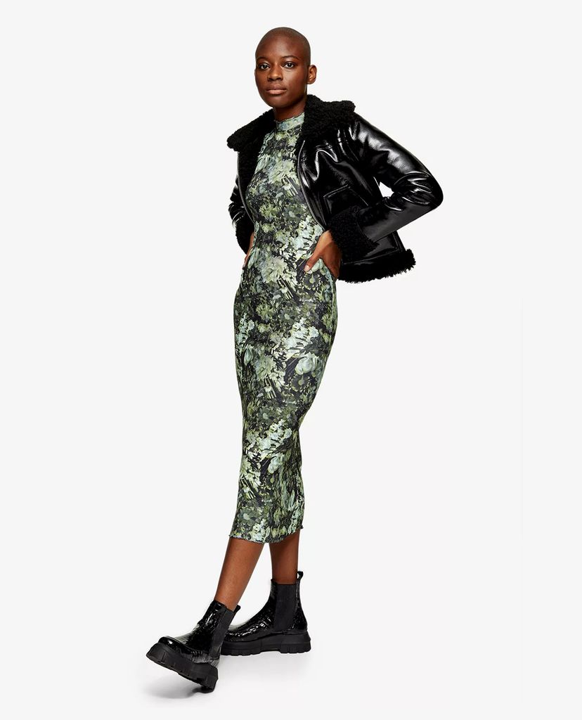 TOPSHOP - Đầm midi phom ôm tay dài Green Jersey