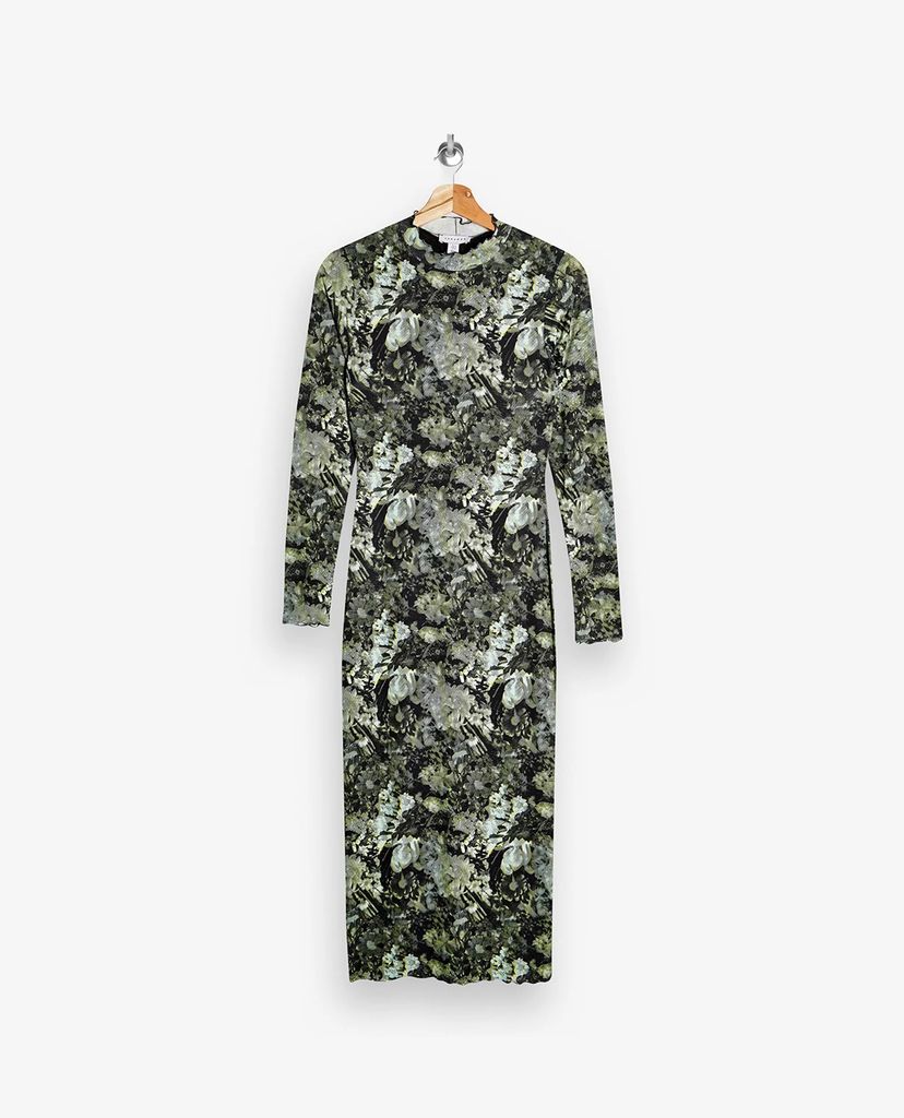 TOPSHOP - Đầm midi phom ôm tay dài Green Jersey