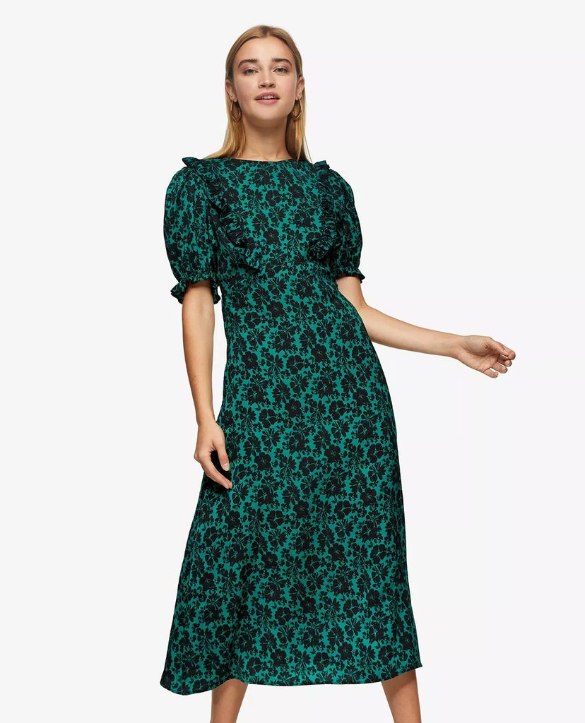 TOPSHOP - Đầm midi cổ tròn tay ngắn Green Daisy Ruffle Tea