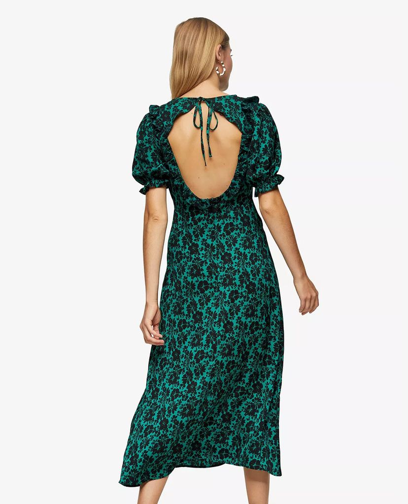 TOPSHOP - Đầm midi cổ tròn tay ngắn Green Daisy Ruffle Tea