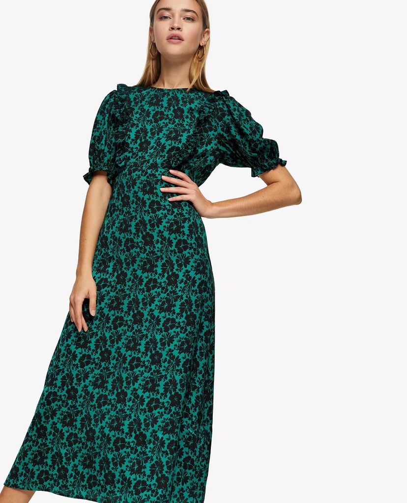 TOPSHOP - Đầm midi cổ tròn tay ngắn Green Daisy Ruffle Tea