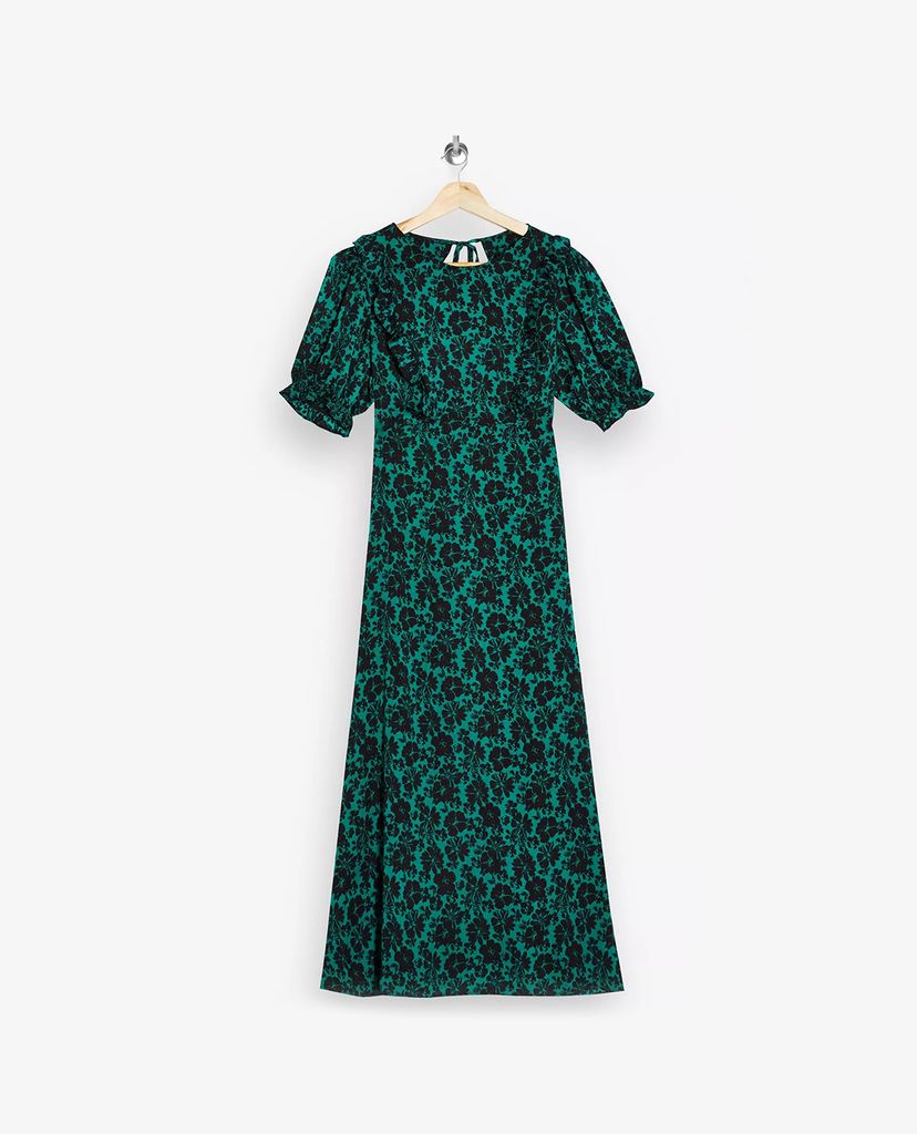 TOPSHOP - Đầm midi cổ tròn tay ngắn Green Daisy Ruffle Tea