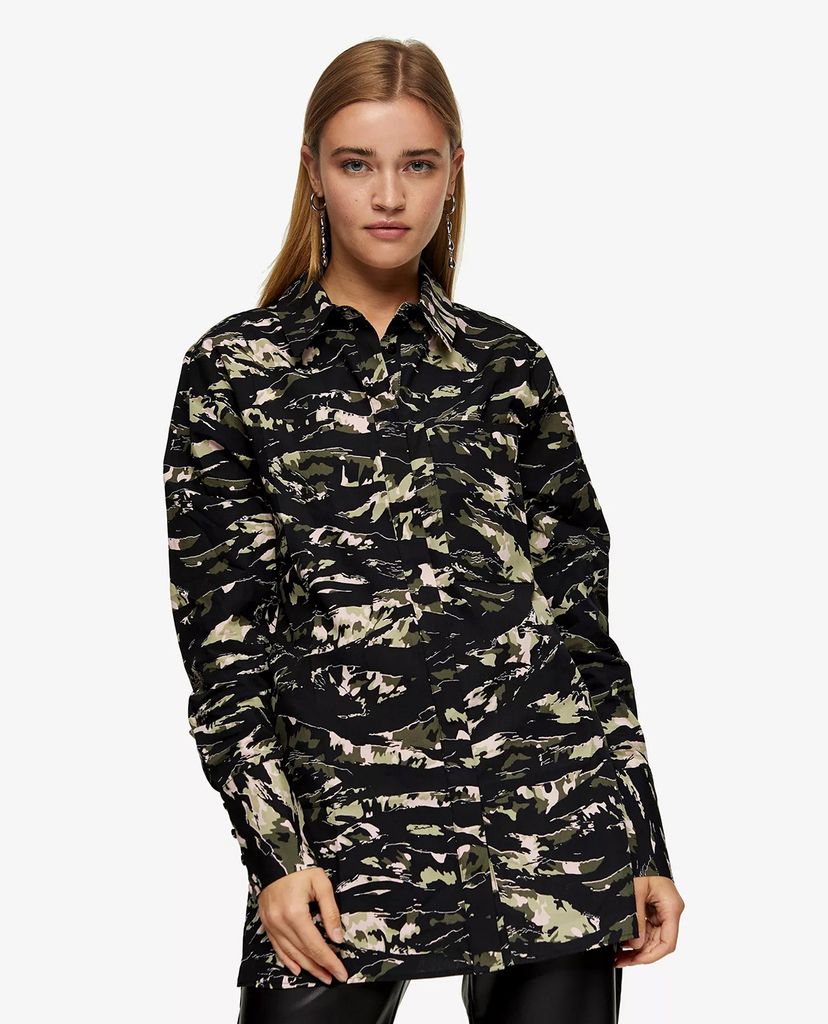 TOPSHOP - Áo sơ mi nữ cổ điển Green Camouflage Print Oversized