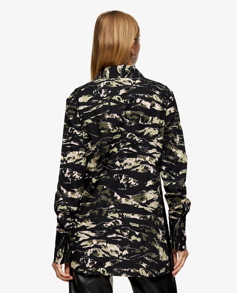 TOPSHOP - Áo sơ mi nữ cổ điển Green Camouflage Print Oversized