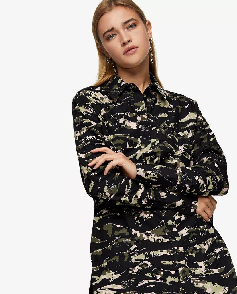 TOPSHOP - Áo sơ mi nữ cổ điển Green Camouflage Print Oversized