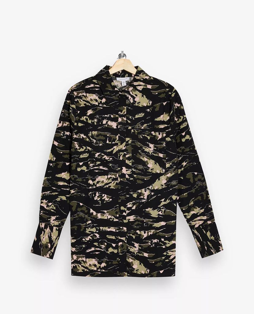 TOPSHOP - Áo sơ mi nữ cổ điển Green Camouflage Print Oversized