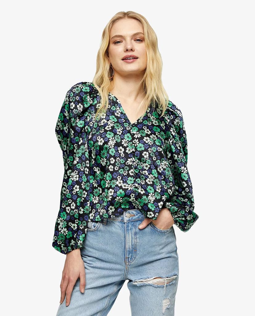 TOPSHOP - Áo kiểu nữ cổ V tay dài Green Button