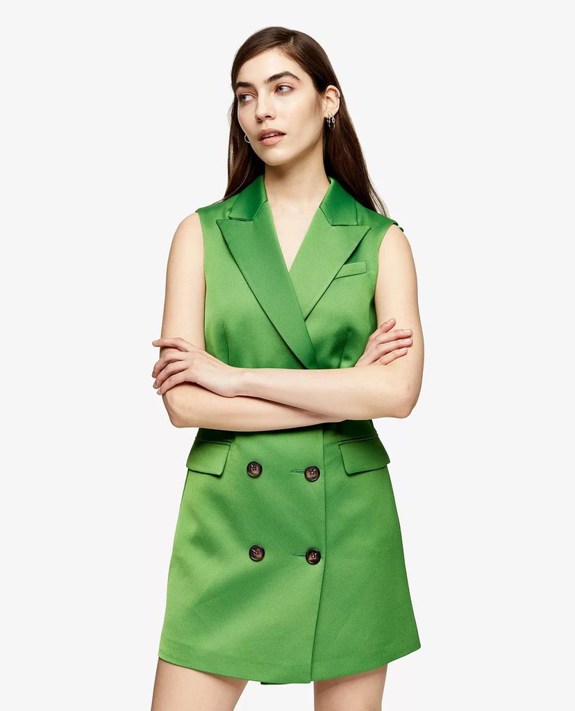 TOPSHOP - Đầm mini sát nách cổ vest Green Satin