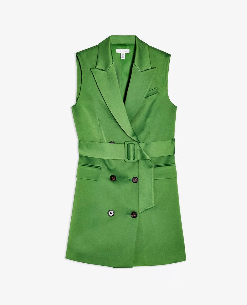 TOPSHOP - Đầm mini sát nách cổ vest Green Satin