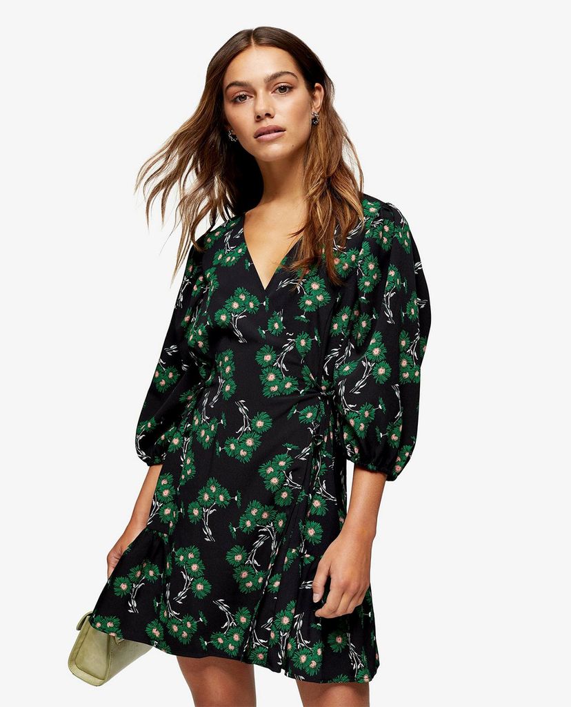 TOPSHOP - Đầm mini tay dài cổ V PETITE Green Daisy