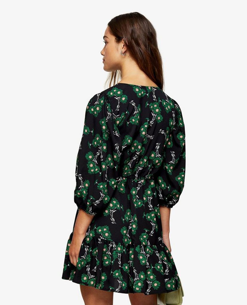 TOPSHOP - Đầm mini tay dài cổ V PETITE Green Daisy