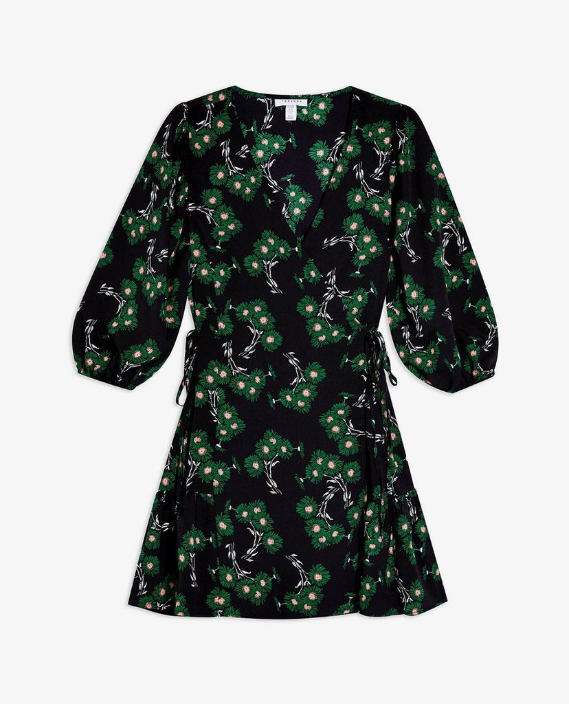 TOPSHOP - Đầm mini tay dài cổ V PETITE Green Daisy