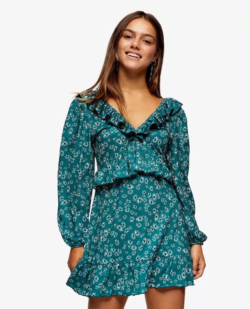 TOPSHOP - Đầm mini cổ V tay dài PETITE Green Floral Double Jersey
