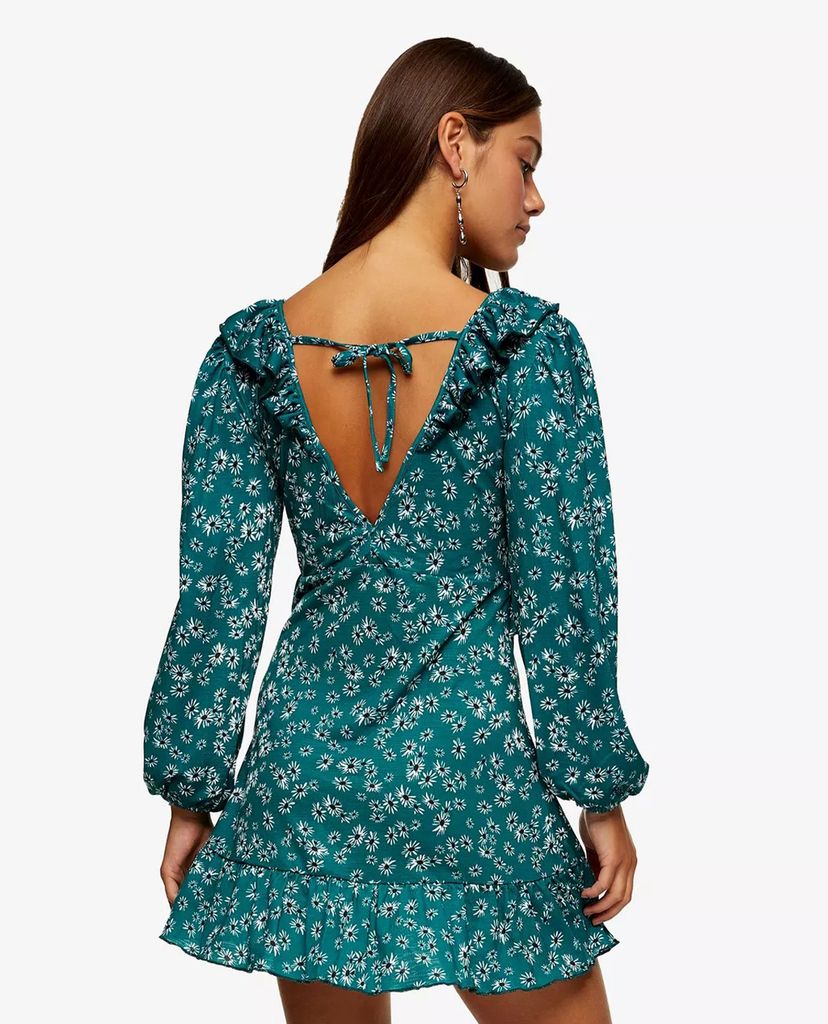 TOPSHOP - Đầm mini cổ V tay dài PETITE Green Floral Double Jersey