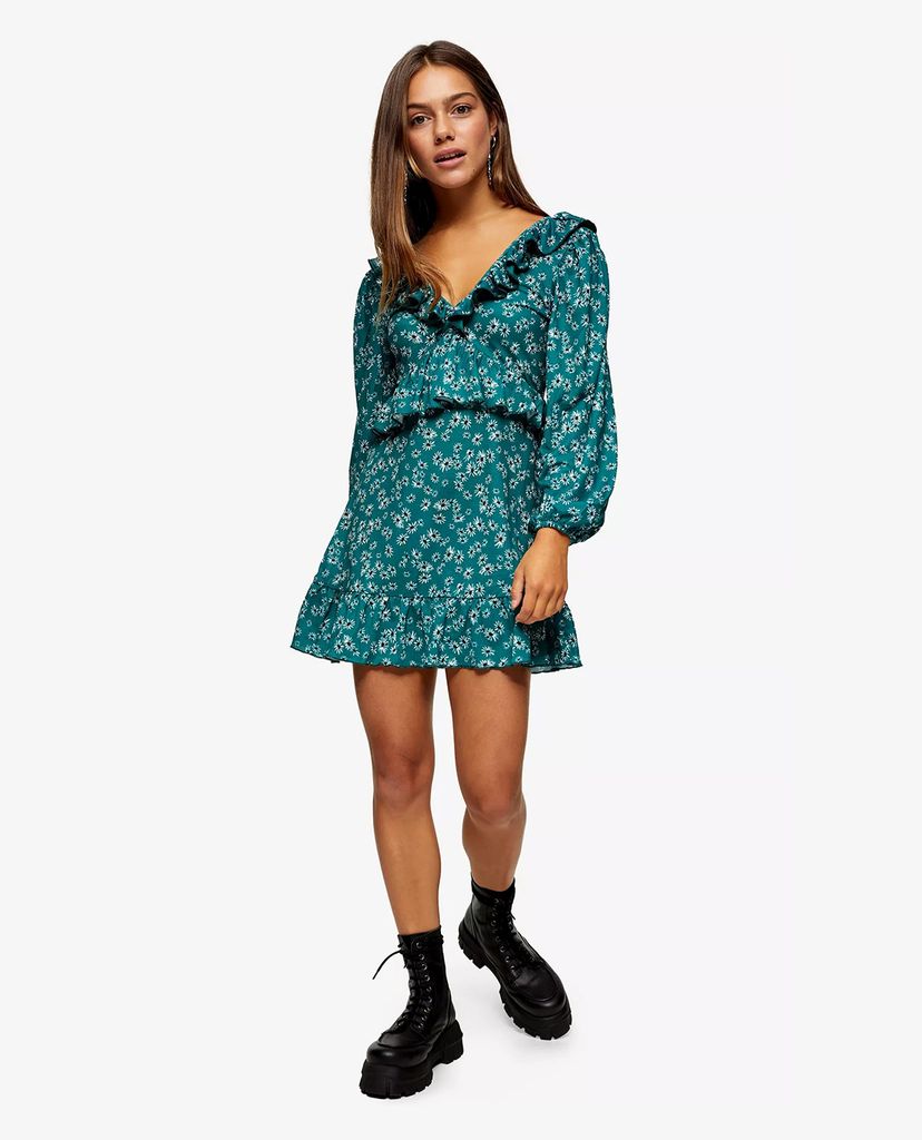 TOPSHOP - Đầm mini cổ V tay dài PETITE Green Floral Double Jersey