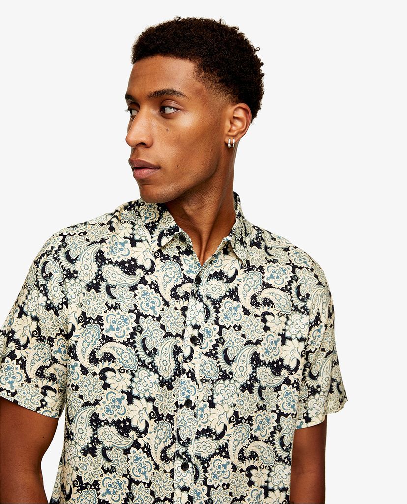 TOPMAN - Áo sơ mi nam tay ngắn cổ gập Navy Floral Print