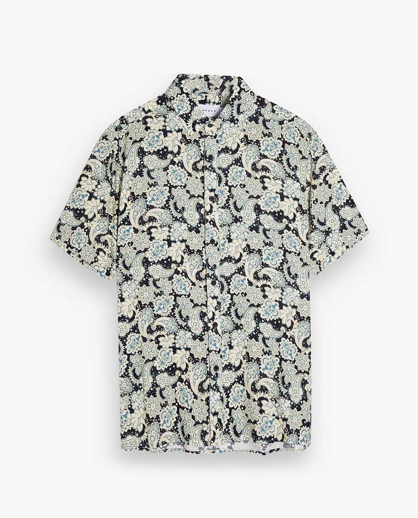 TOPMAN - Áo sơ mi nam tay ngắn cổ gập Navy Floral Print