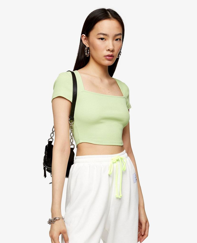 TOPSHOP - Áo croptop nữ ngắn tay phom ôm Green Square Neck Ribbed