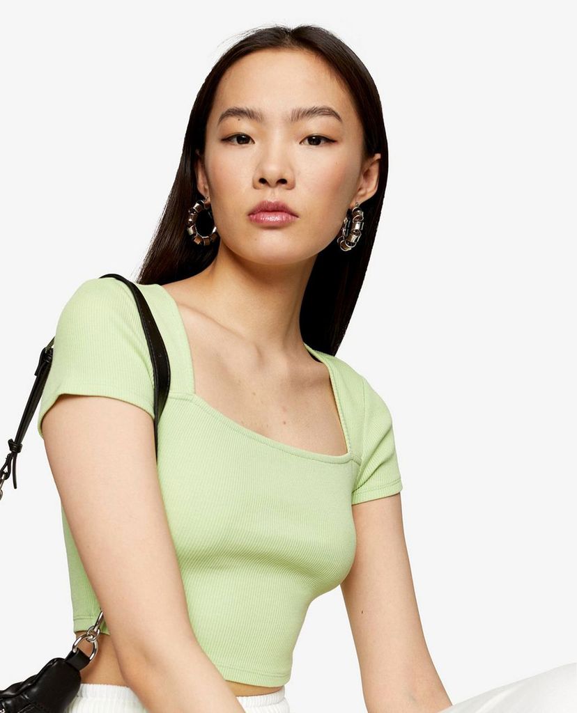 TOPSHOP - Áo croptop nữ ngắn tay phom ôm Green Square Neck Ribbed