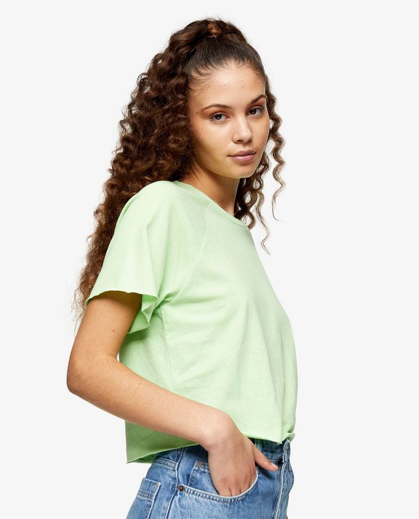 TOPSHOP - Áo thun nữ cổ tròn ngắn tay Green Raglan Crop