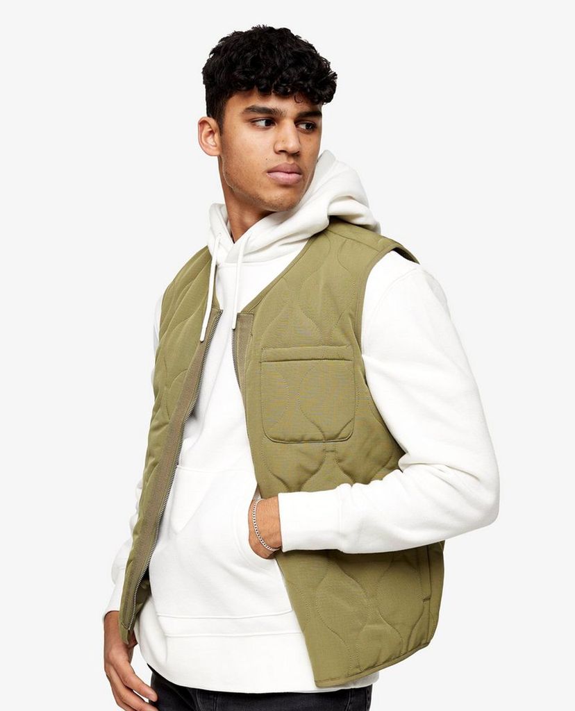 TOPMAN - Áo ghile nam phối zip Khaki Quilted