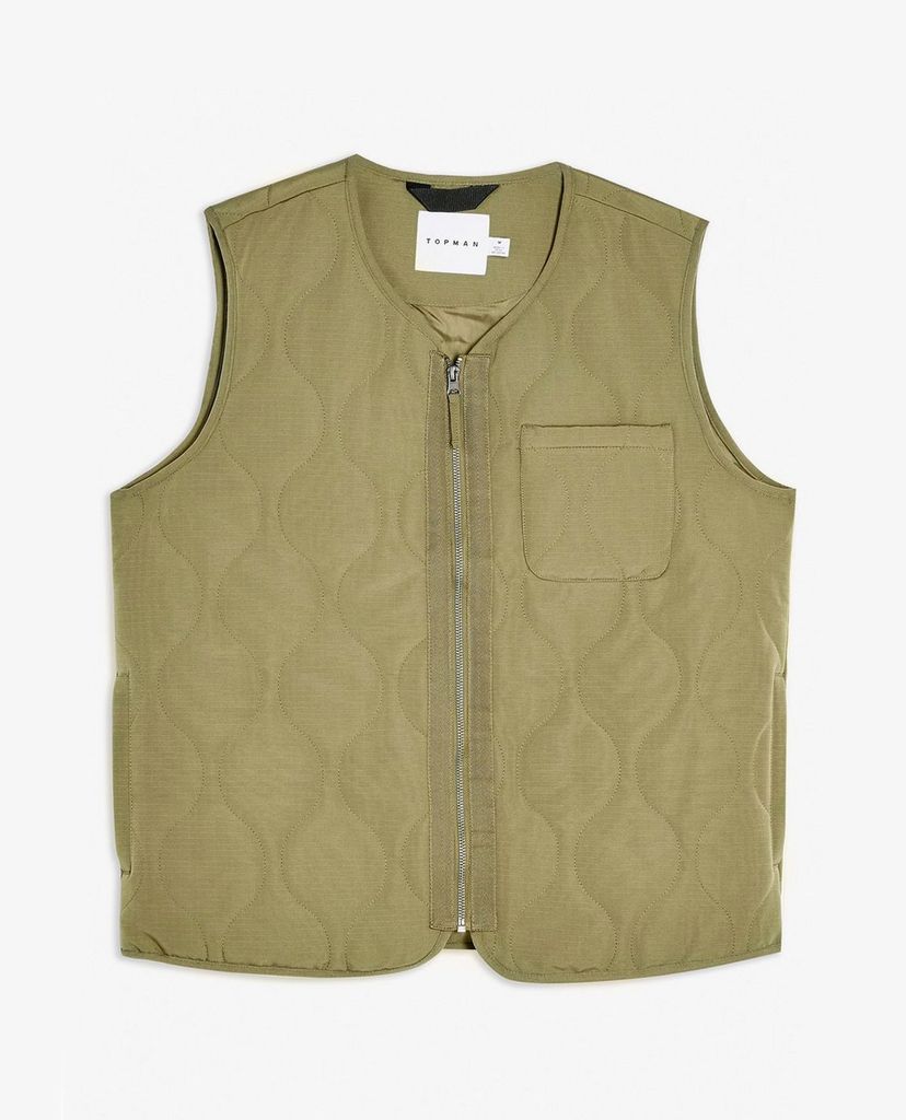 TOPMAN - Áo ghile nam phối zip Khaki Quilted