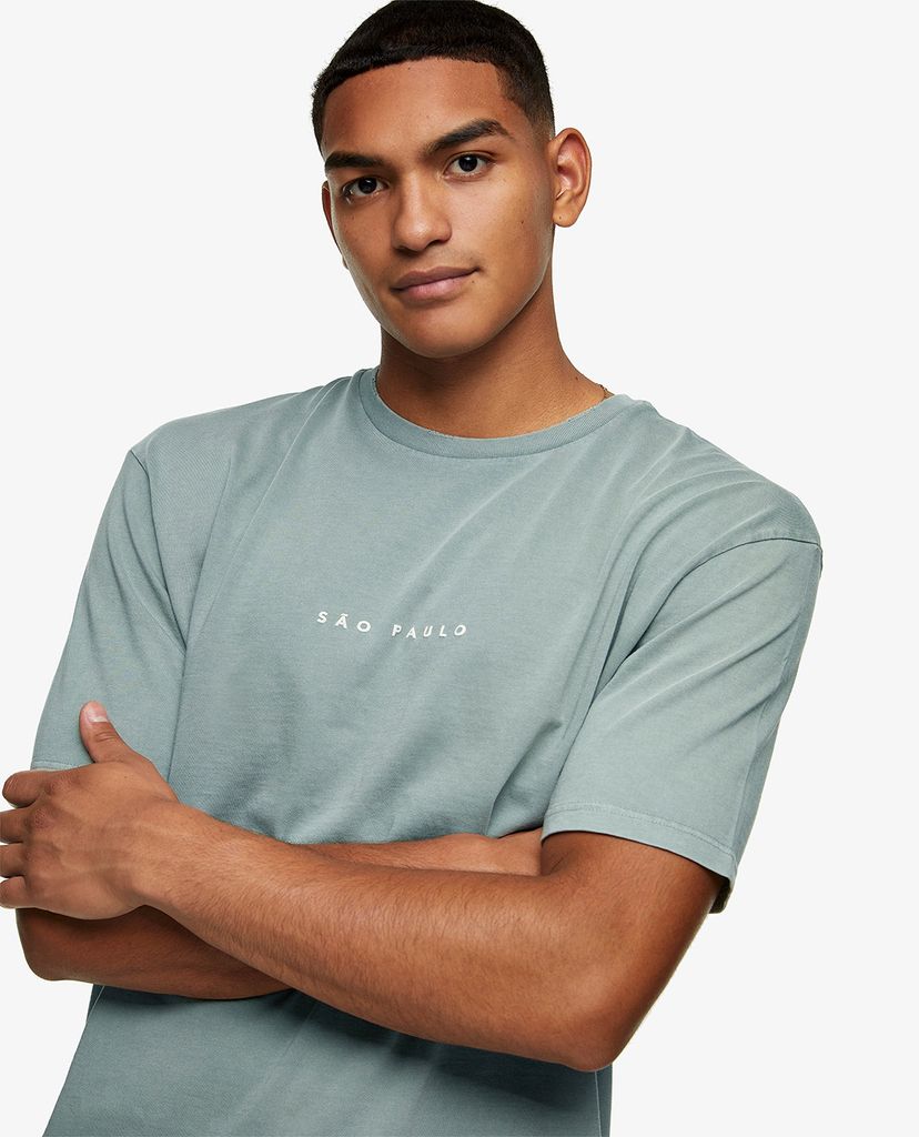 TOPMAN - Áo thun nam cổ tròn ngắn tay Green Sao Paulo