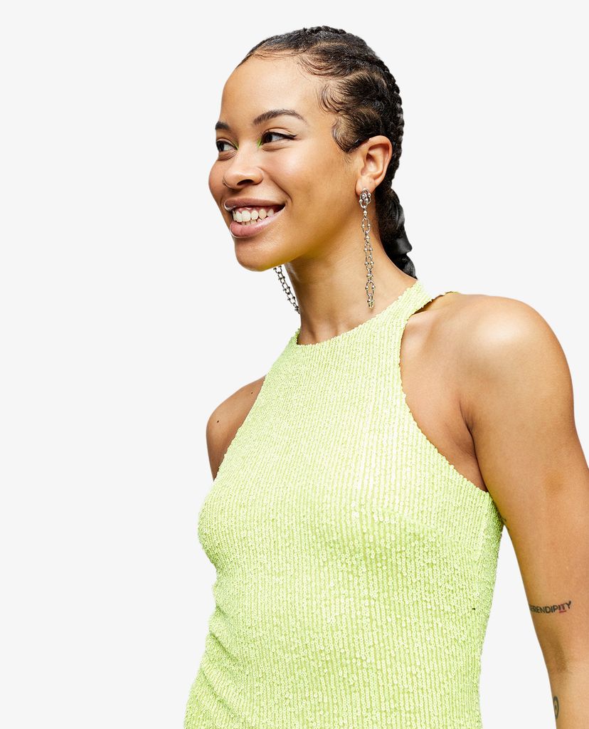 TOPSHOP - Đầm mini sát nách xẻ tà Lime Green Racer Sequin