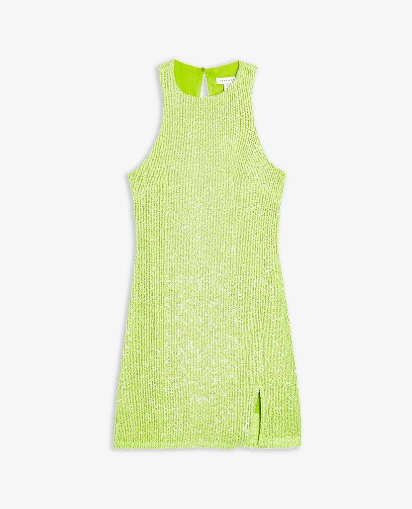 TOPSHOP - Đầm mini sát nách xẻ tà Lime Green Racer Sequin