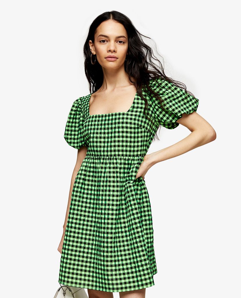 TOPSHOP - Đầm mini cổ vuông tay phồng Lime Green Gingham