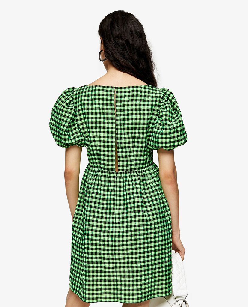 TOPSHOP - Đầm mini cổ vuông tay phồng Lime Green Gingham