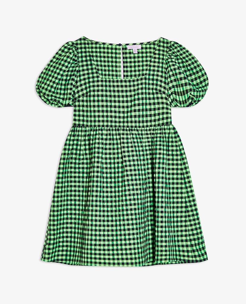 TOPSHOP - Đầm mini cổ vuông tay phồng Lime Green Gingham