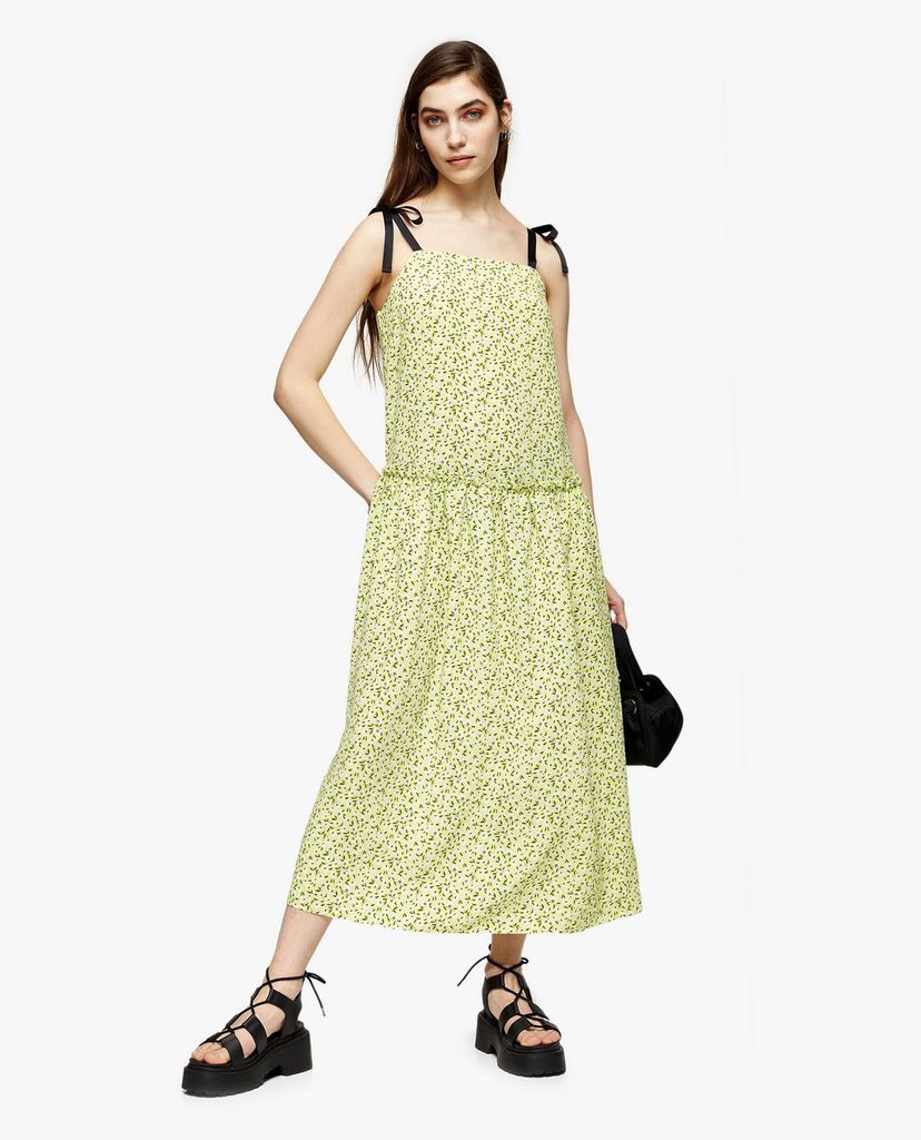 TOPSHOP - Đầm midi hai dây Lime Green Floral Drop Waist
